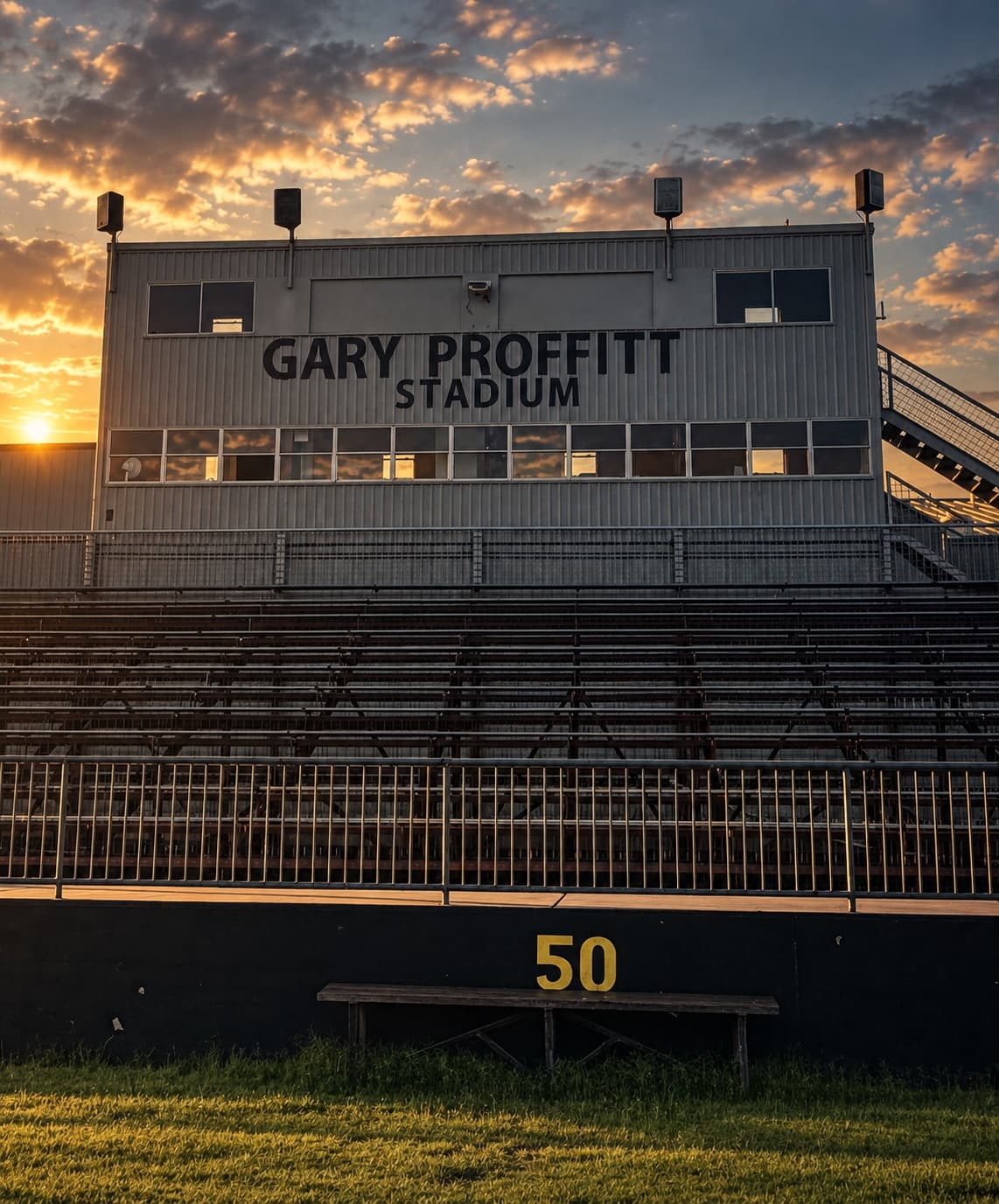 Gary Proffitt Stadium in Goldthwaite, Texas, at sunset.